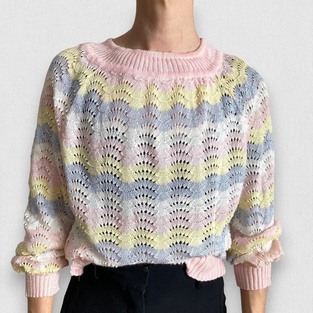 Vintage Pink Pastel Lace Knit Cottage Raglan Long sleeve Sweater